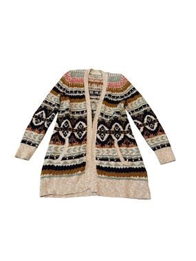 L.L. Bean 100% Cotton Open Front Cardigan Large Aztec Fair Isle Southwest Patter